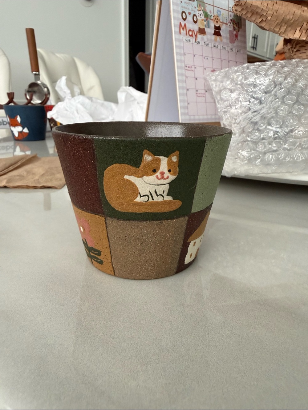 Hand-Painted Ceramic Cat Cup - Green and Brown